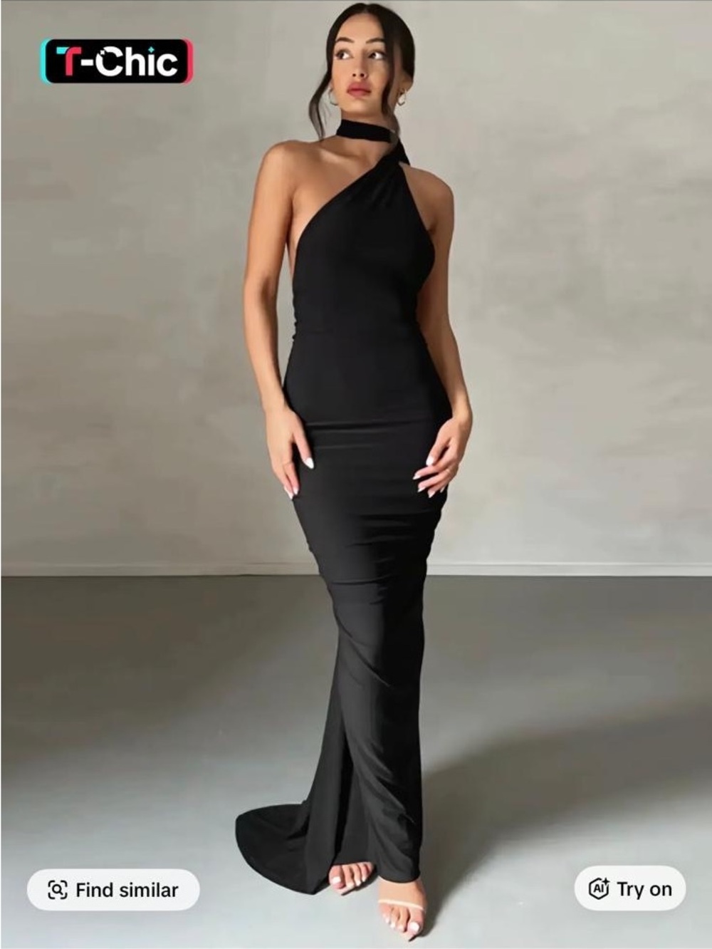 chic Black One-Shoulder Choker-Detail Evening Gown